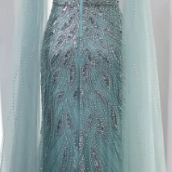 Luxury Blue Mermaid Evening Dress with Cape Sleeves - Picture 7 of 7